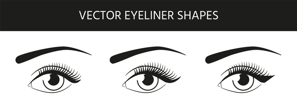 Set of different beautiful vector eyes with black eyeliner shapes. Winged eyeliner illustration