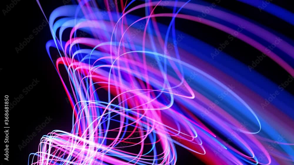 Poster light flow bg in 4k. abstract looped background with light trails, stream of red blue neon lines in 