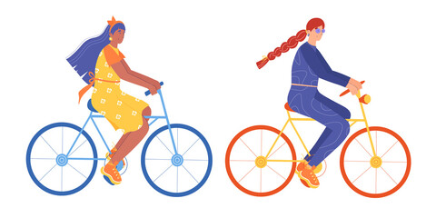 Naklejka premium Two women ride bicycles. Vector illustration isolated on white background.