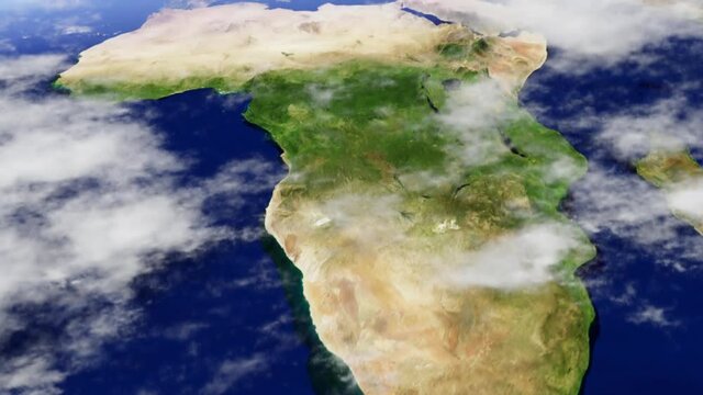 South Africa Map in 3D CGI - Aerial Hyperlapse Rendered with High Relief Mountains, Shallow Depth of Field & Foggy Atmosphere