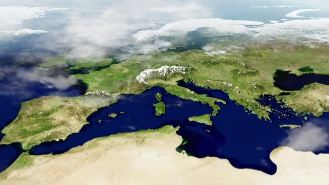 European Map in 3D CGI Hyperlapse with High Relief Mountains & Foggy Atmosphere