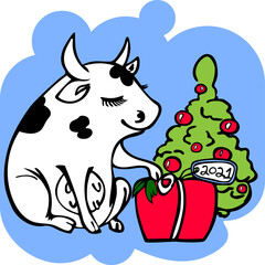 Cute cow packing Christmas presents, New Year 2021 symbol cow, vector design element for greeting cards and illustrations