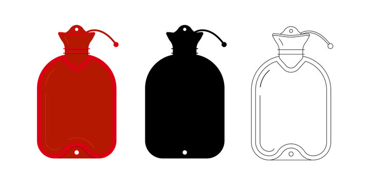 Medical warmer icon set isolated on white background. Red flat, simple black silhouette and linear warming pan - rubber hot water bottle or bag. Heat pad design sign cartoon style vector illustration.