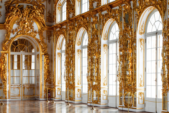 ST.PETERSBURG, RUSSIA - JUNE 24, 2017: Interior of Catherine Palace, ball room in St.Petersburg, Russia. The former imperial palace. Building is laid in 1717 on orders of Catherine I. Now a museumA