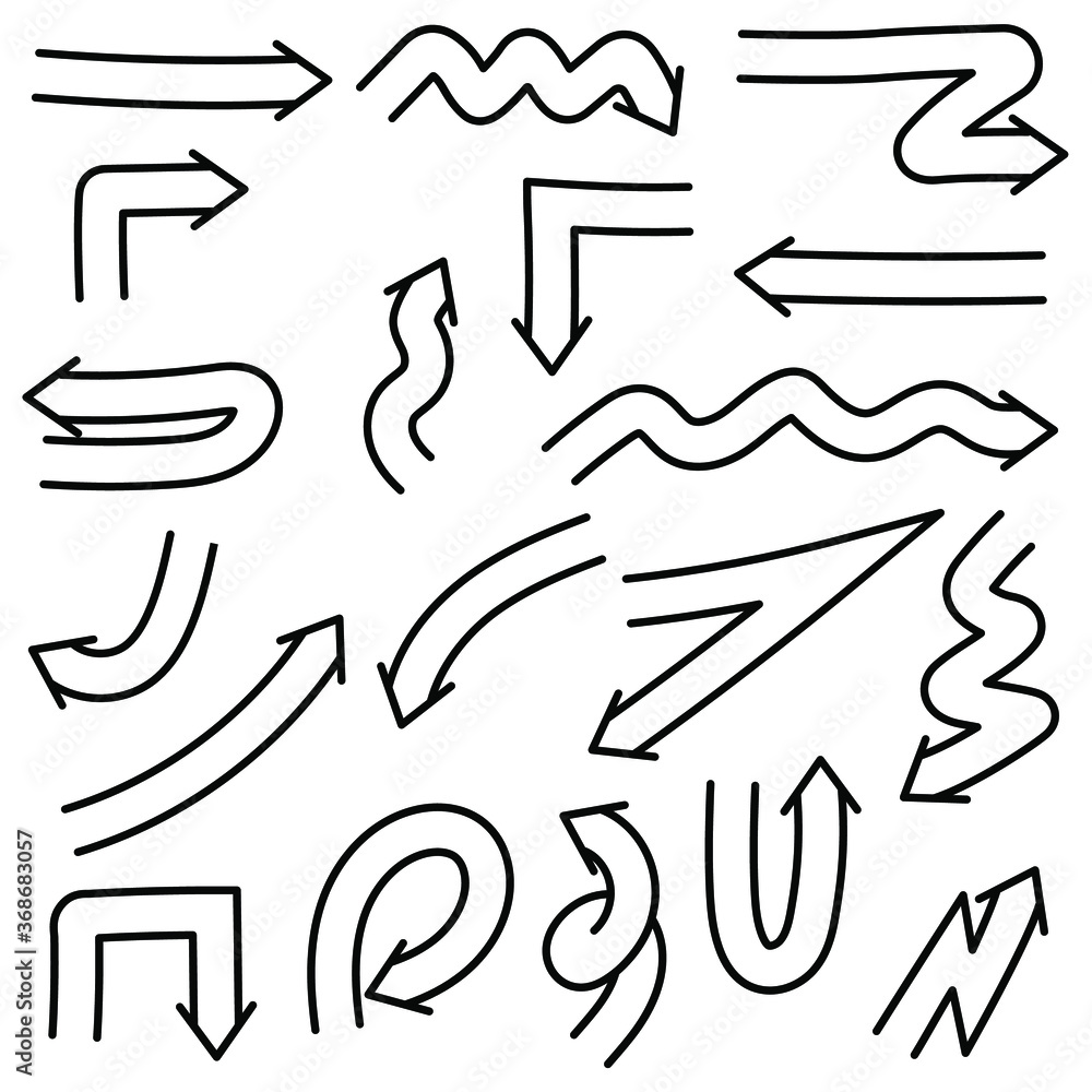 Poster abstract set black collection hand drawn different arrows elements vector design sketch style doodle
