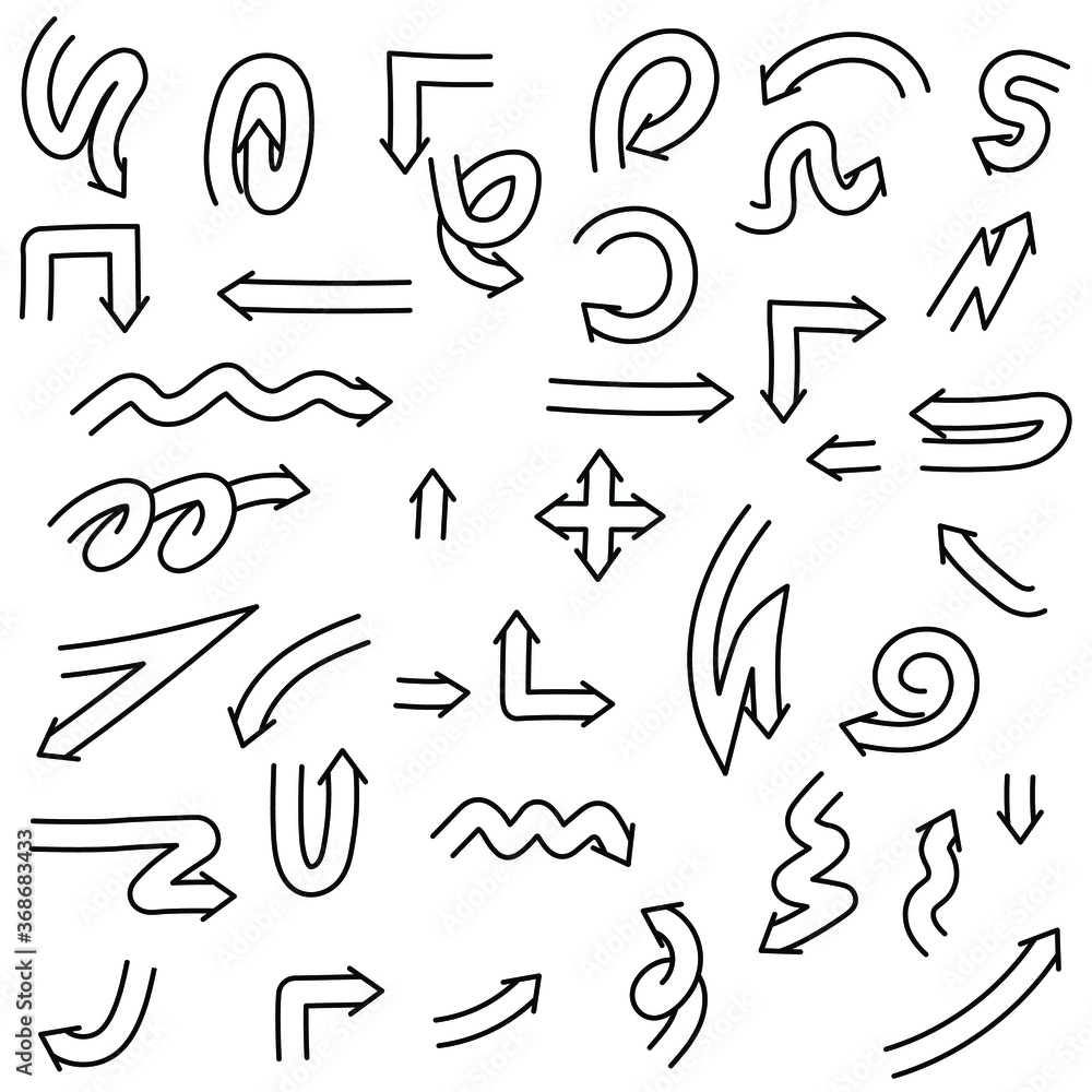 Poster abstract set black collection hand drawn different arrows elements vector design sketch style doodle