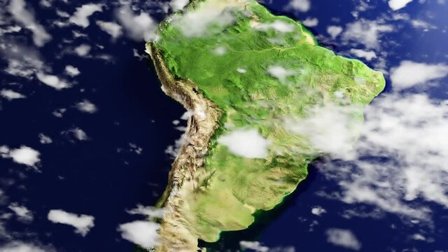 South America Map Hyperlapse in 3D CGI with High Relief Mountains & Foggy Atmosphere