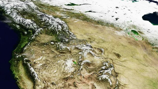 North America Rockies Map Hyperlapse in 3D CGI with High Relief Mountains & Foggy Atmosphere