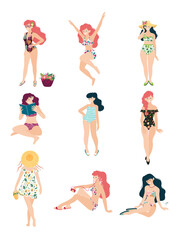 Tropical Summer beach illustration with happy young girls