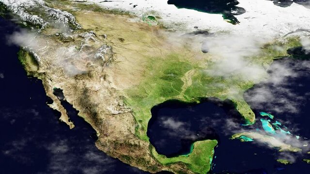 North America Map Hyperlapse in 3D CGI with High Relief Mountains & Foggy Atmosphere