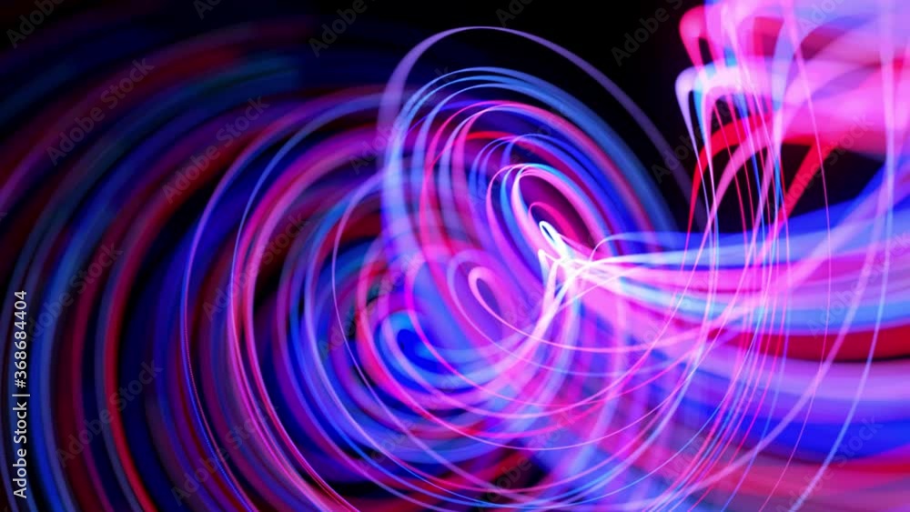 Poster Light flow bg in 4k. Abstract looped background with light trails, stream of red blue neon lines in space move to form looped spiral shapes. Modern trendy motion design background. Light effect,