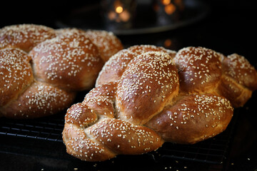 Challah. Braided bread with sesame seeds.