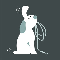 Funny dog ​​spaniel asks to go outside. Sits in anticipation with a leash in his teeth. Vector cartoon illustration.