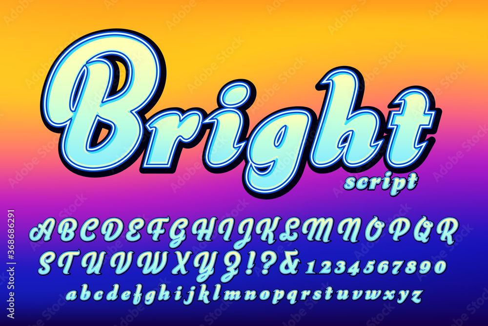 Poster a brightly colored font with outline and shadow details on a vivid colored background; this bold bru