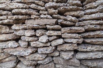 Broken rough pieces of an old textured concrete stacked together. Recycling and reuse crushed concrete rubble, building material, blocks. Crushed concrete Background. Road repair, replacement