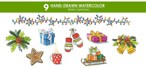 Set of hand painted with watercolor christmas elements. Colorful decoration isolated gloves, sleds, gifts etc.. Doodles and sketches illustration