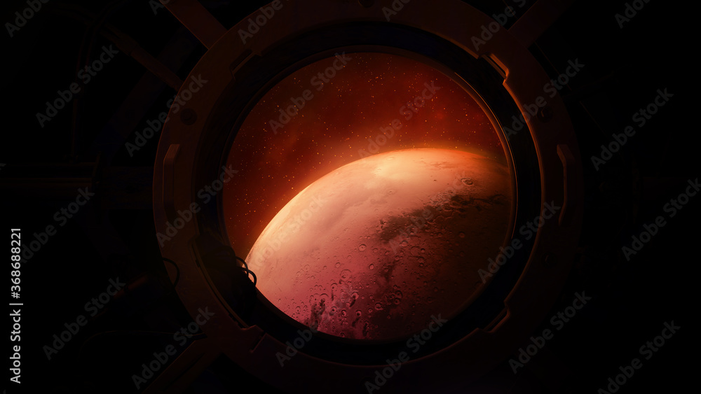 Poster planet mars from the porthole of a spaceship.