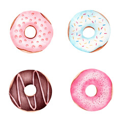 Illustration set of donuts. Watercolor hand drawn clipart. For design textile, cards, menu, fabric, paper, stickers.