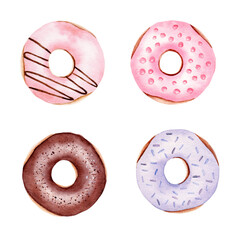 Watercolor donuts clipart set. Sweet food illustration isolated on white background.