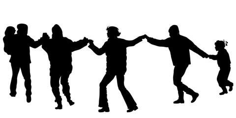 Fototapeta na wymiar Vector silhouettes of a group of people of different ages, children and adults hold hands, go one after another. Cold season, women in warm clothes. Black isolated on white background