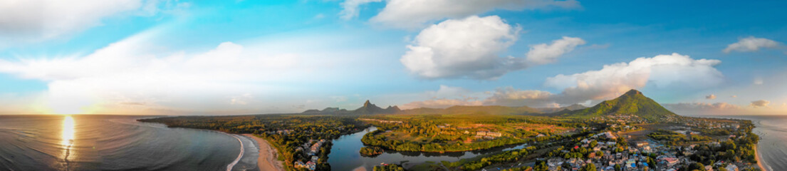 Amazing panoramic aerial view of Mauritius at sunset