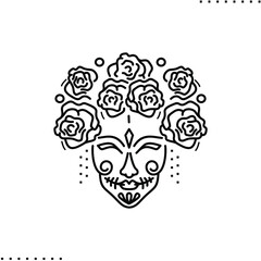 Day of Dead, Dia de los Muertos fiesta, skeleton in Mexican costume, marigold flowers and calavera skull  vector icon in outlines