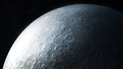 Realistic dark gray image of the moon surface close-up.