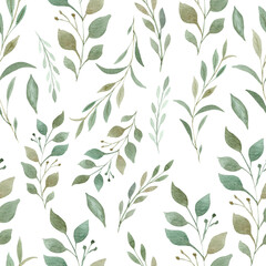 Greenery seamless pattern. Hand painted branches and leaves digital paper.