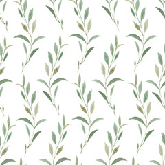 Naklejka na ściany i meble Greenery watercolor seamless pattern. Green leaves and branches digital paper.