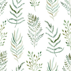 Watercolor greenery seamless pattern on white background. Hand drawn illustration.