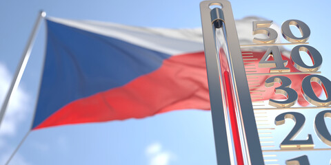 Thermometer shows high air temperature against blurred flag of the Czech Republic. Hot weather forecast related 3D rendering