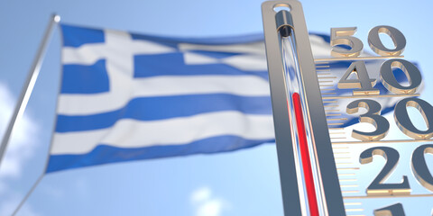 Naklejka premium Thermometer shows high air temperature against blurred flag of Greece. Hot weather forecast related 3D rendering