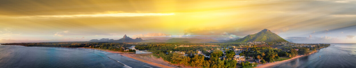 Amazing panoramic aerial view of Mauritius at sunset