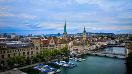 Naklejka premium Flight over the city of Zurich in Switzerland - aerial view