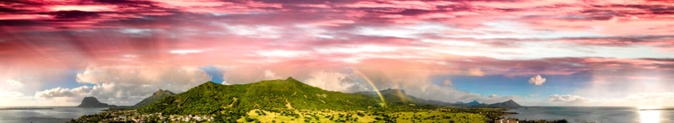 Panoramic aerial view of Mauritius Island at sunset