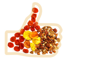 useful dried fruits and nuts on a white background