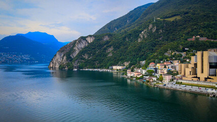 Fototapeta na wymiar Village of Campione at Lake Lugano - aerial view
