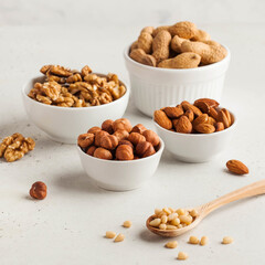 Assorted nuts. The dried nuts, hazelnuts, almonds, walnuts and others. Healthy food, healthy snacks. Copy space.