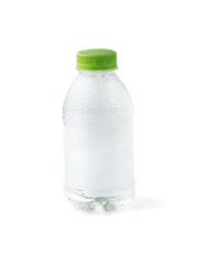 food photography of clean sterile plastic bottle of natural pure water front view close-up on a white background isolated