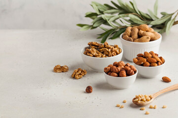 Assorted nuts. The dried nuts, hazelnuts, almonds, walnuts and others. Healthy food, healthy...