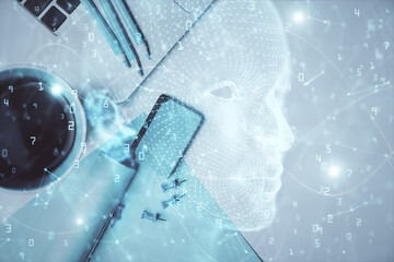 Multi exposure of brain sketch hologram over topview work table background with computer. Concept of big data.