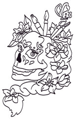 art doodles woman smiling skull with long hair and flowers as a vase with art brushes