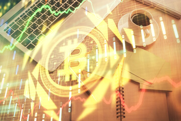 Fototapeta premium Blockchain theme hologram drawings over computer on the desktop background. Top view. Double exposure.