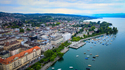 Fototapeta na wymiar Beautiful Zurich lake in Switzerland from above - drone footage