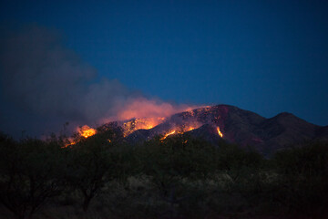 A wildfire burning on the side of a mountain at night