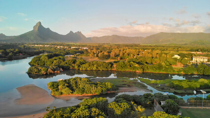 Amazing panoramic aerial view of Mauritius at sunset