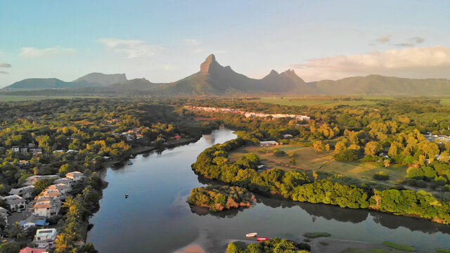 Amazing panoramic aerial view of Mauritius at sunset