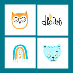 Set of cute animal faces. Creative animal print owl, cheetah and rainbow, lettering dreams. Vector Illustration for scandinavian design card, print on clothes