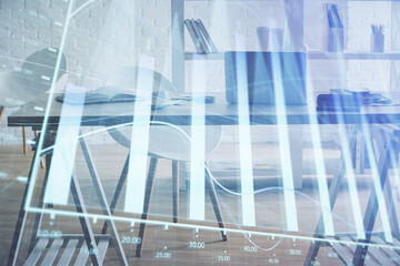 Multi exposure of stock market chart drawing and office interior background. Concept of financial analysis.