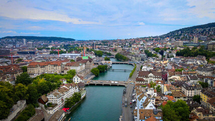 Fototapeta na wymiar Amazing aerial view over the city of Zurich in Switzerland - drone footage